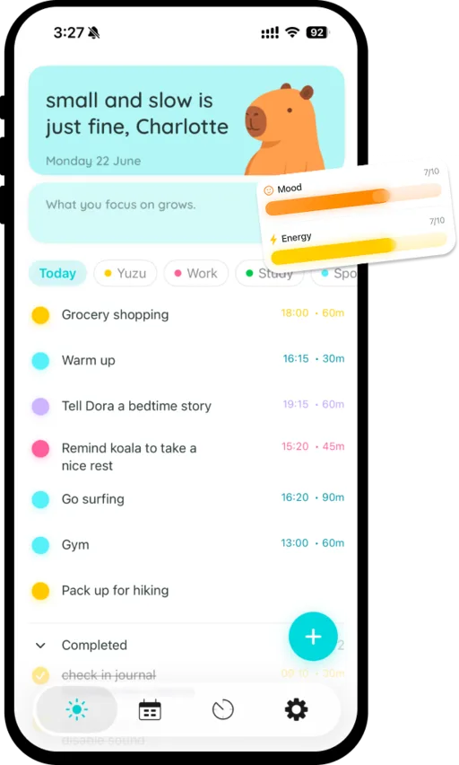 CapyPlan home screen with a gentle greeting and mood and energy check-in